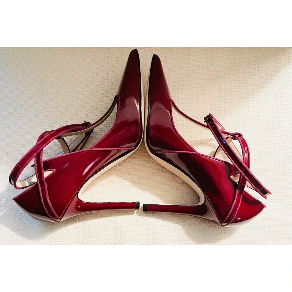 New! HENRI LEPORE DEZERT Carmela Burgundy Patent Crossback Heels  Shoes - Picture 10 of 12